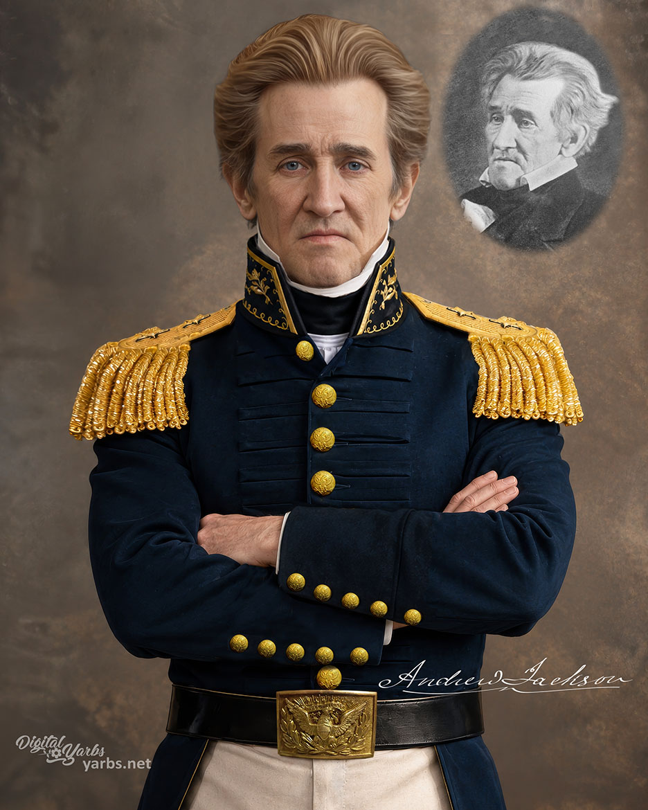 Digitally age-regressed and colorized portrait of Andrew Jackson in a military uniform representing the War of 1812 era. AI-assisted facial reconstruction based on his authentic daguerreotypes and refined in Adobe Photoshop.