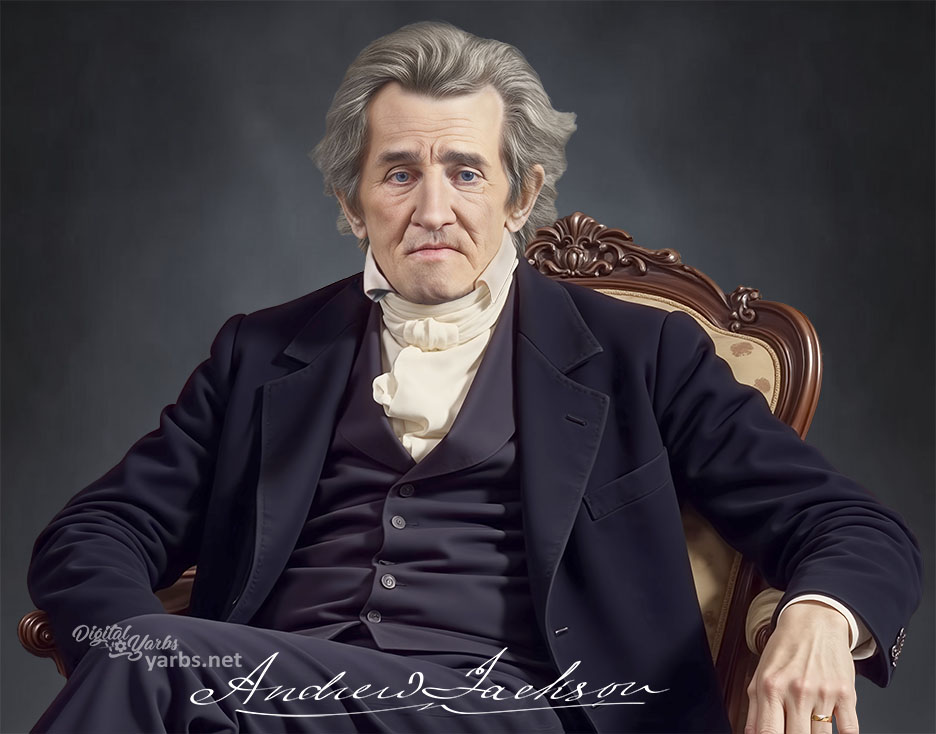 Front-facing portrait of President Andrew Jackson, digitally enhanced to resemble a posed studio photograph