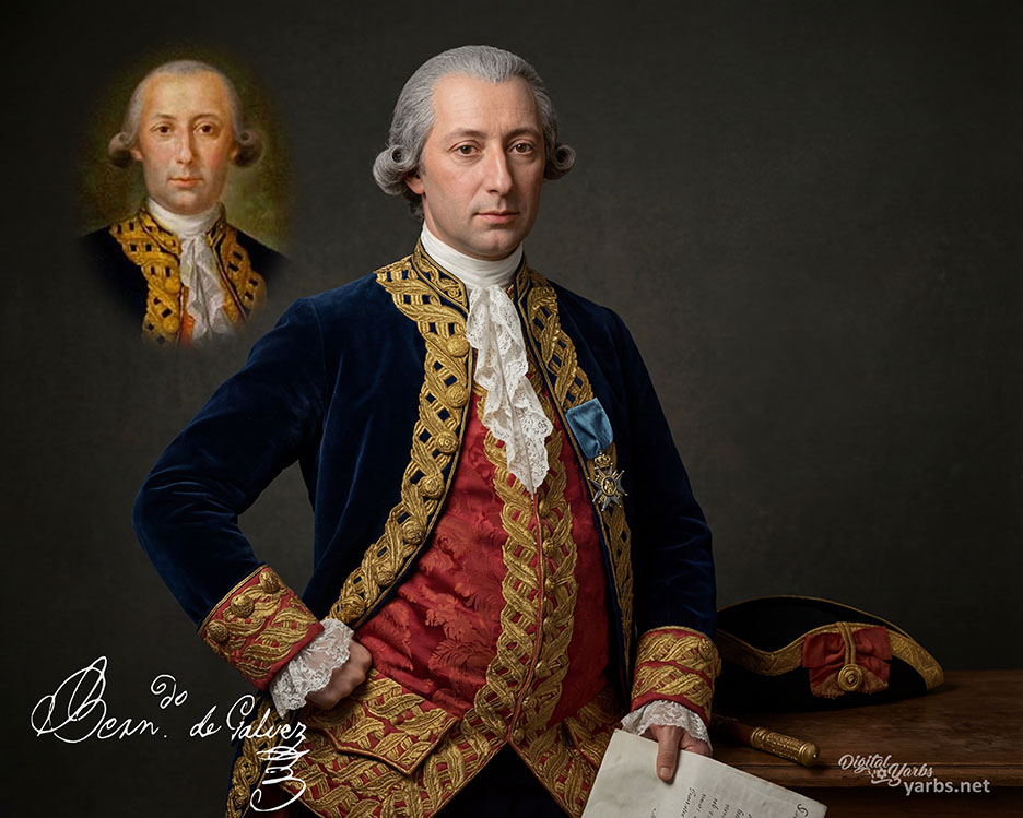 Enhanced portrait of Bernardo de Gálvez created by Digital Yarbs from Mariano Salvador Maella's historic painting, with inset showing the original portrait.
