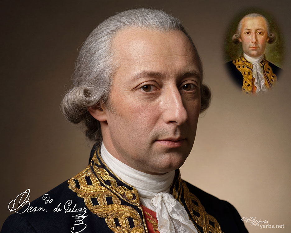 Close-up view of the enhanced portrait of Bernardo de Gálvez.