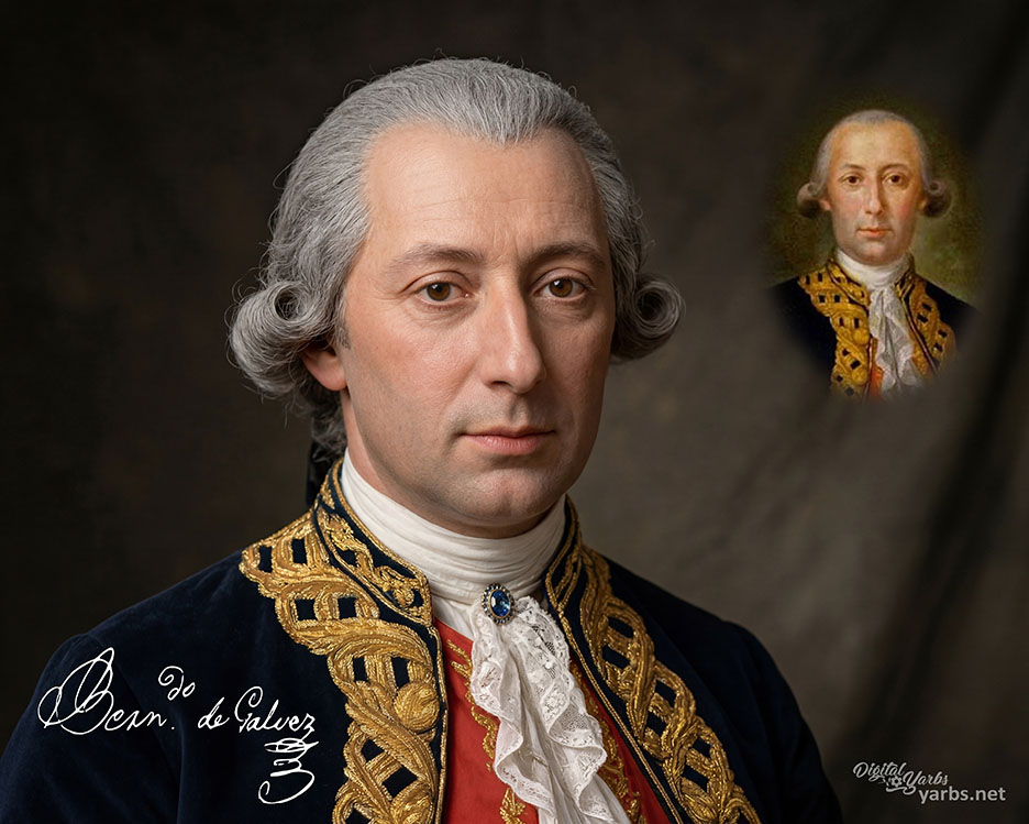 Detailed close-up of an enhanced historical portrait of Bernardo de Gálvez.