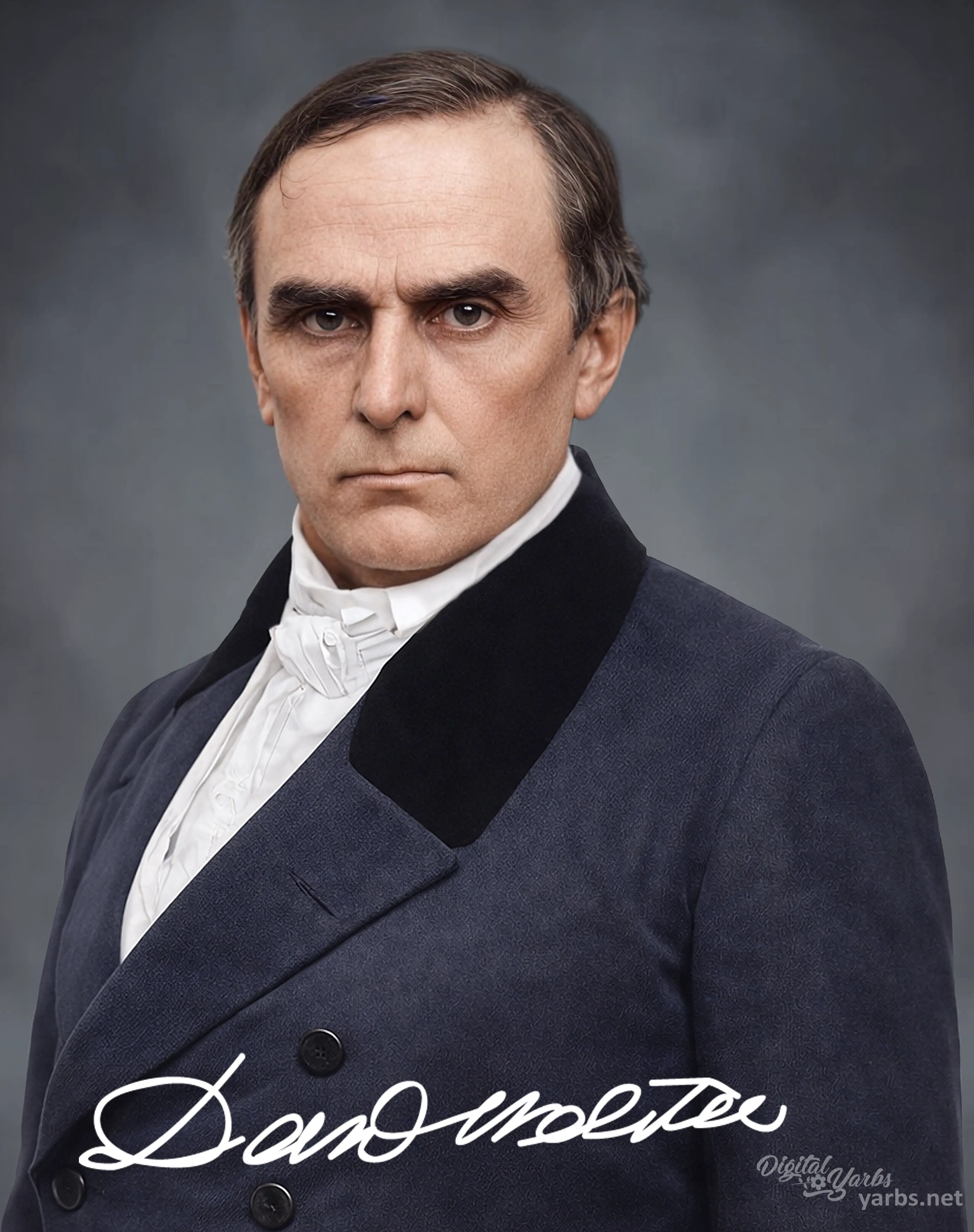 Colorized, age-regressed and enhanced portrait of Daniel Webster with top hat.