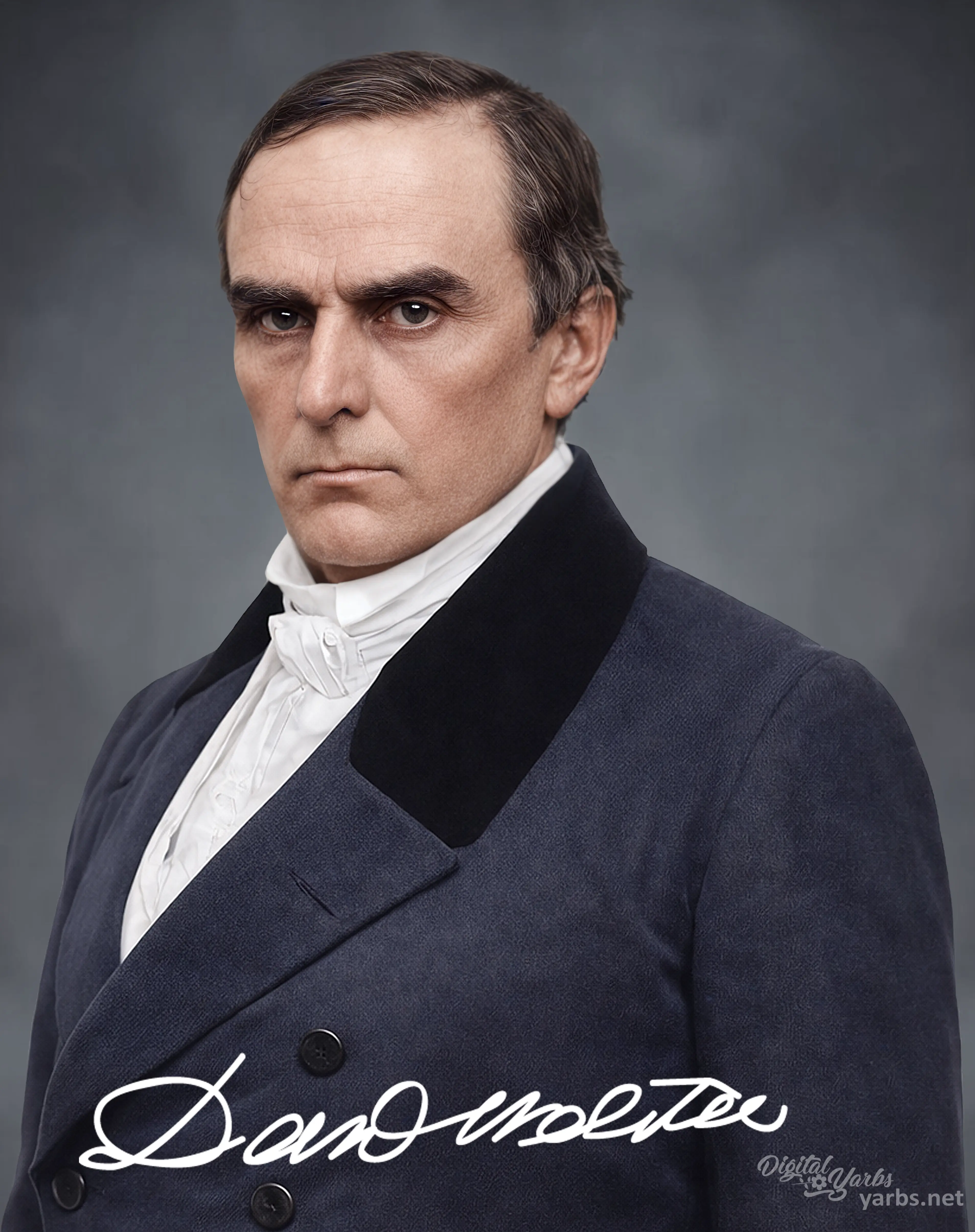 Colorized, age-regressed and enhanced portrait of Daniel Webster same facial angle as daguerreotype.