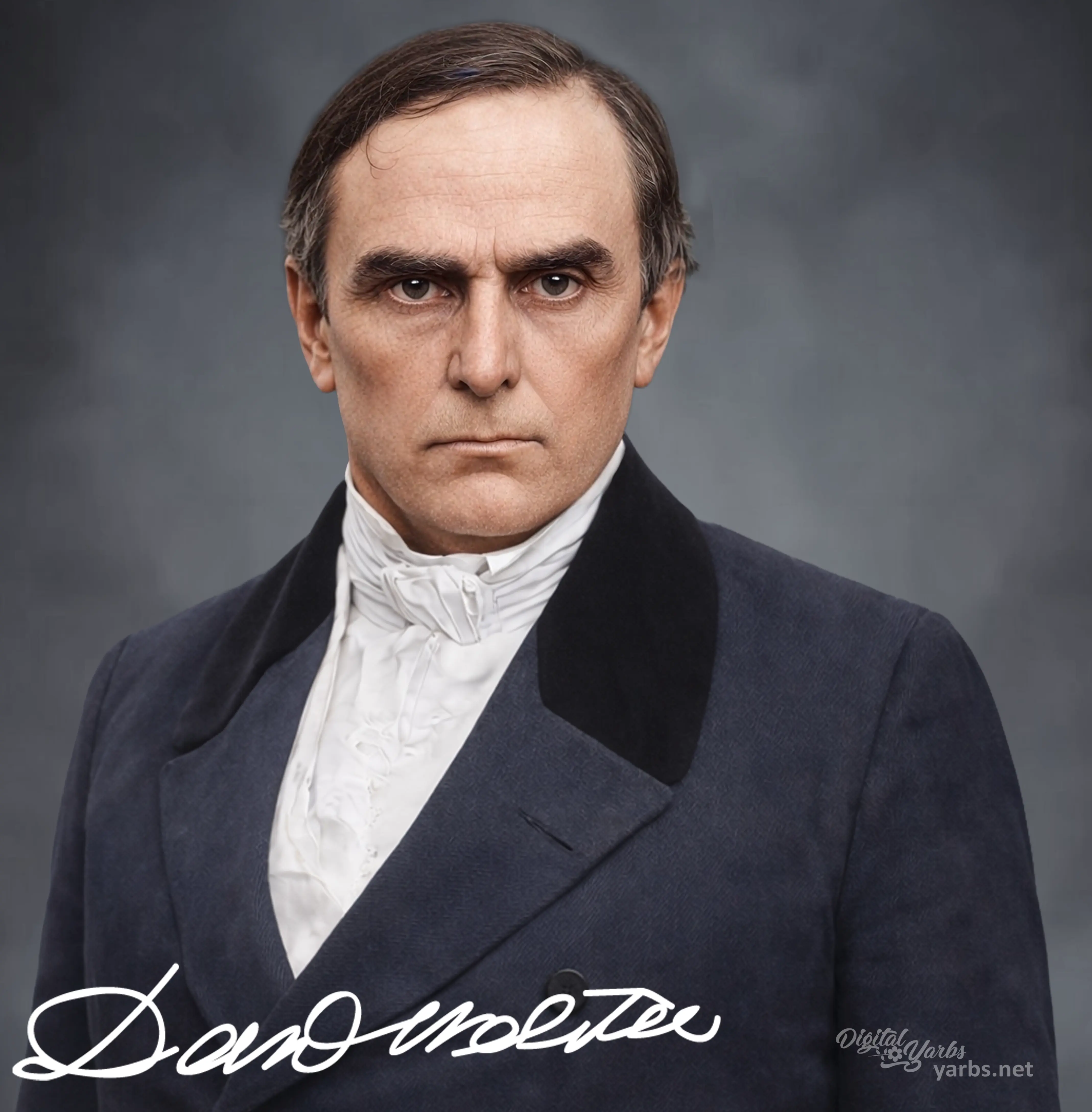 Colorized, age-regressed and enhanced portrait of Daniel Webster same facial angle as daguerreotype.