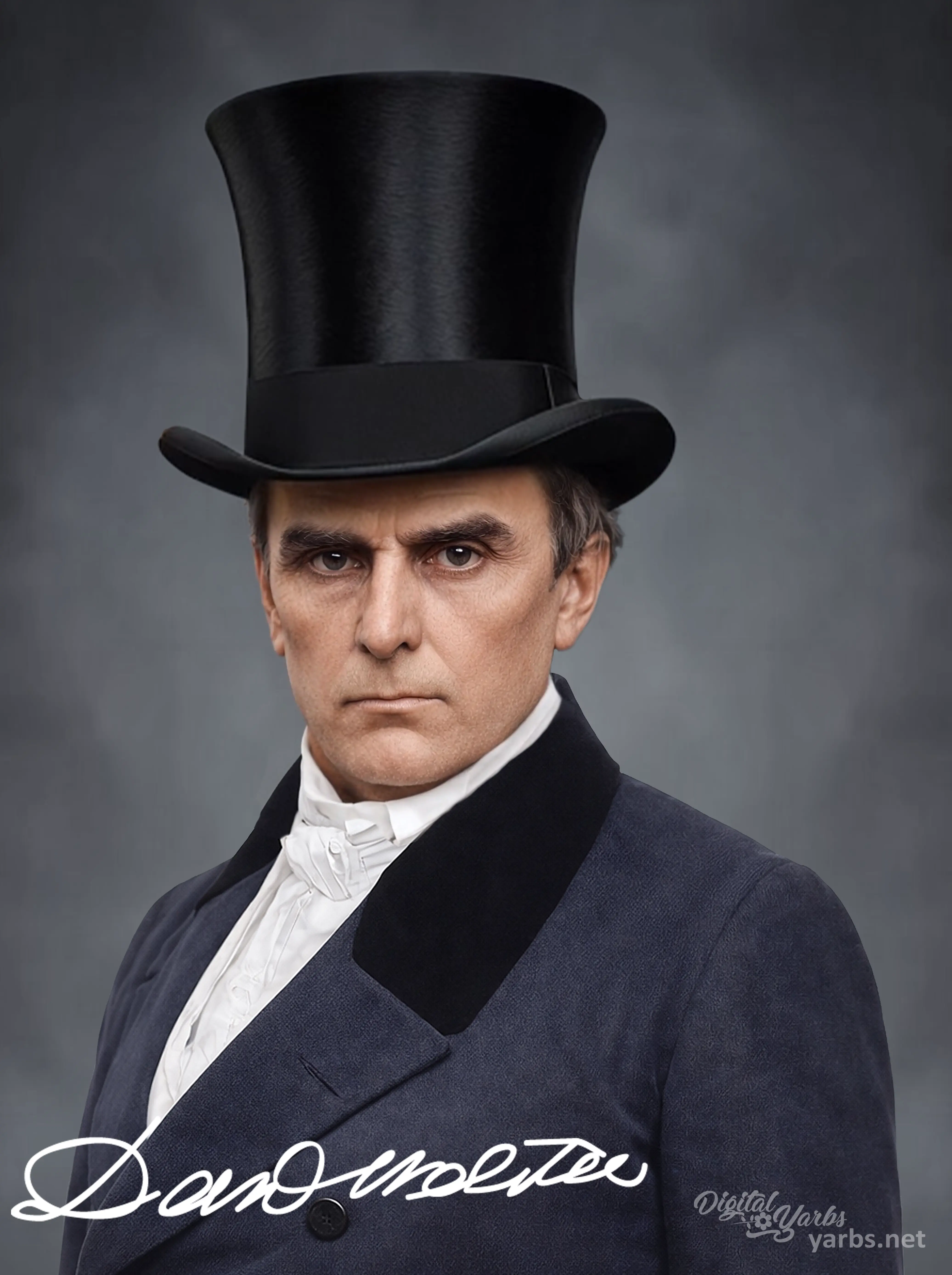 Colorized and enhanced daguerreotype portrait of Daniel Webster with top hat, digitally restored to resemble a studio photograph