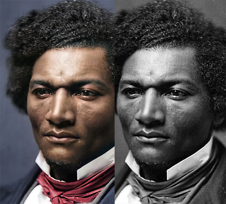 Comparison of the original daguerreotype with the colorized and AI enhanced daguerreotype