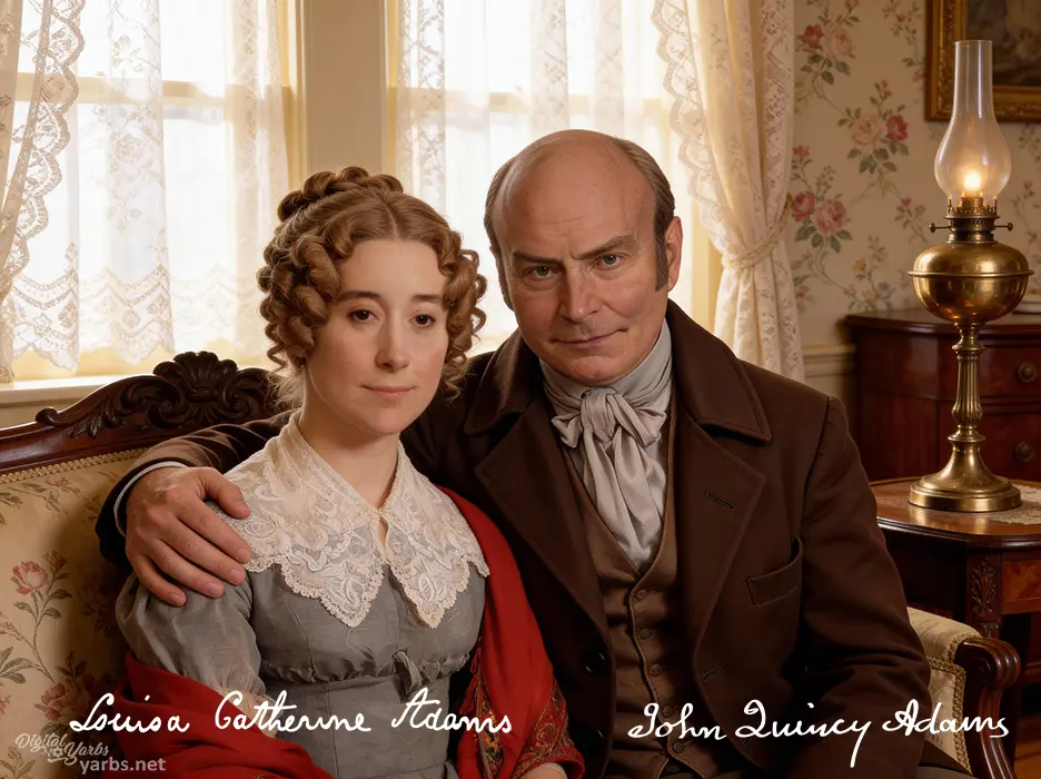 Based upon John Quincy Adams' life mask, a colorized portrait with Louisa Catherine Adams.