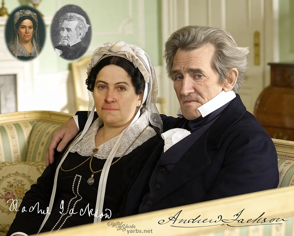 Andrew Jackson seated with his wife Rachel Jackson in a candid-style historical reconstruction.