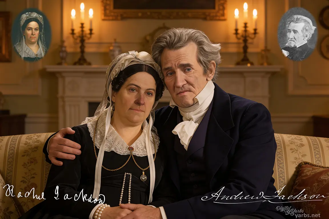 Andrew Jackson and Rachel Jackson sitting close together holding hands in candlelight.