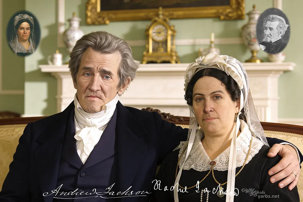 Andrew Jackson sitting beside Rachel Jackson on a settee with his arm around her.