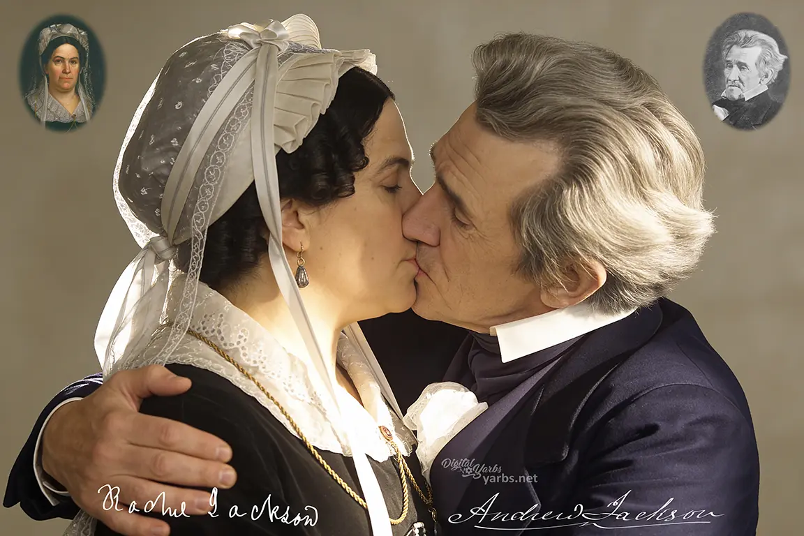 Andrew Jackson kissing his wife Rachel Jackson in a close historical reconstruction portrait.