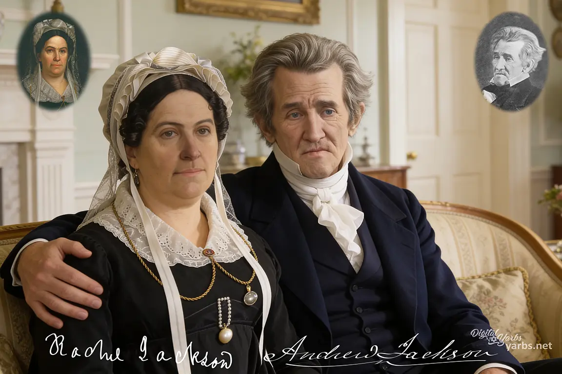 Rachel Jackson seated beside Andrew Jackson on a settee in a reconstructed historical portrait.