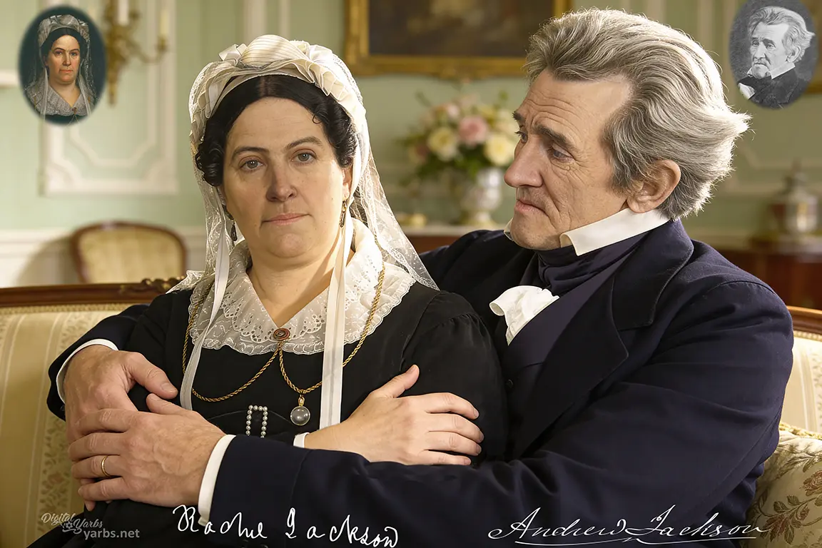 Andrew Jackson seated behind Rachel Jackson with his arm around her in a reconstructed historical portrait.