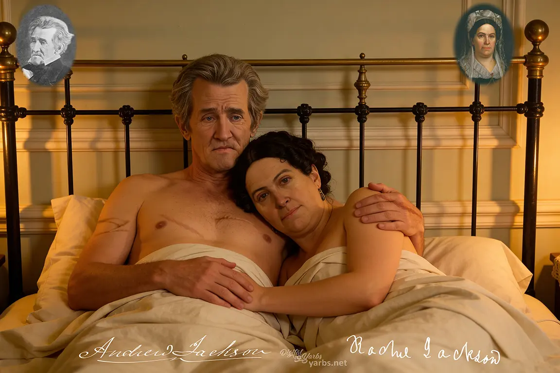 Andrew Jackson lying in bed beside his wife Rachel Jackson, holding her with visible scars on his chest and arm.