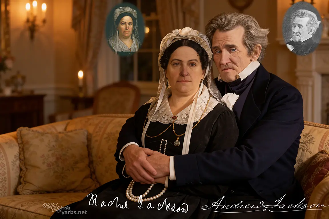 Rachel Jackson sitting on Andrew Jackson’s lap as he holds her in a candlelit room.