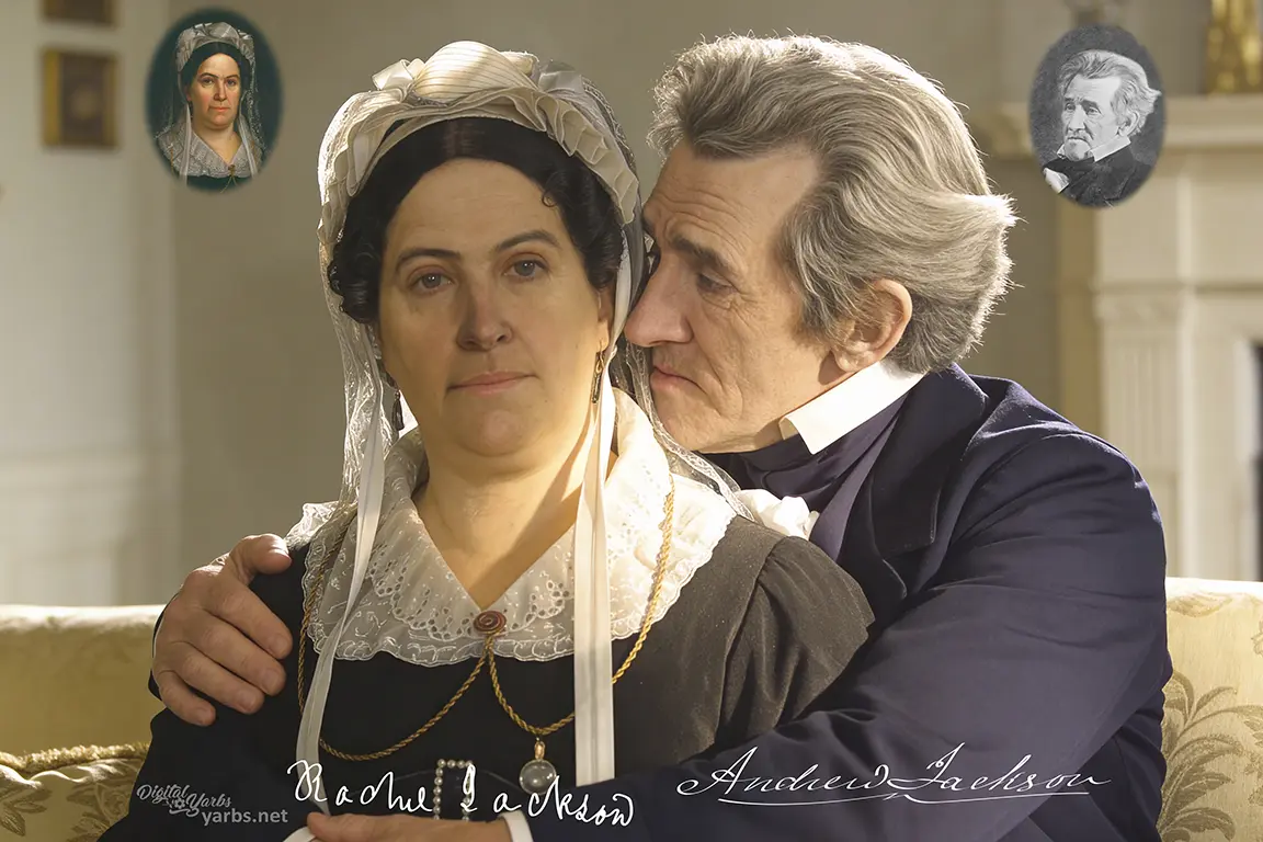 Andrew Jackson sitting behind Rachel Jackson on a couch with his arms around her.