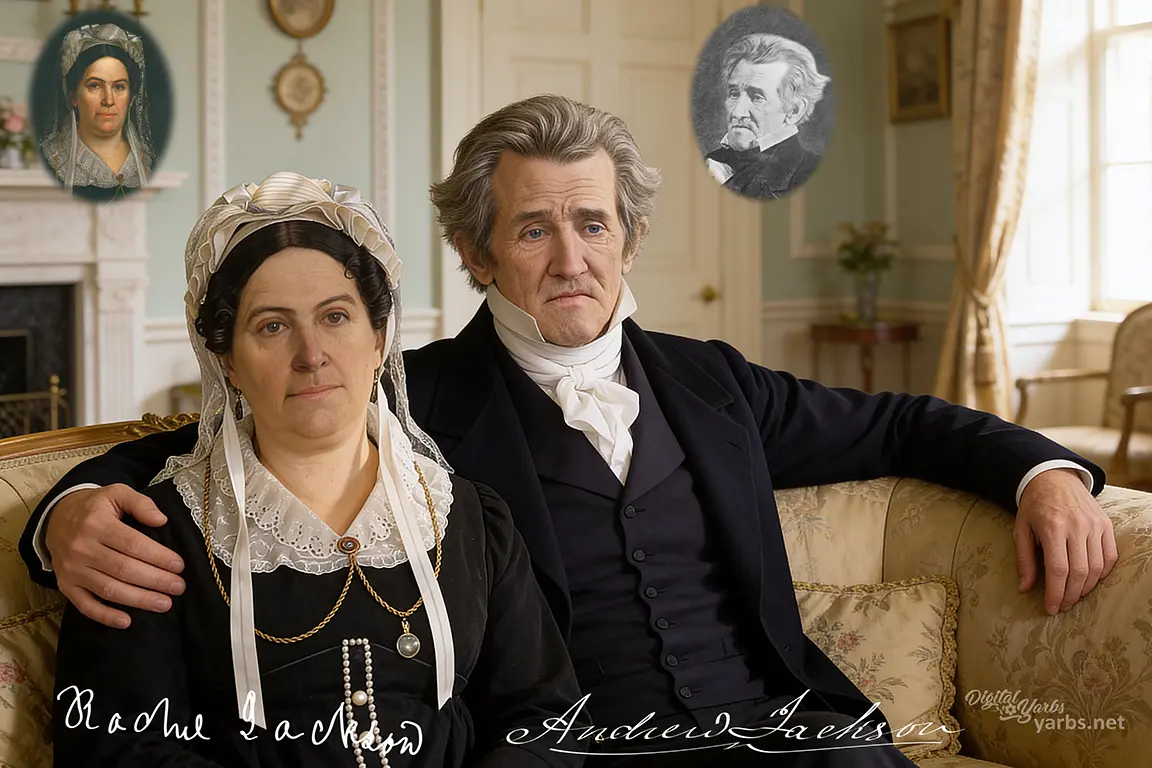 Andrew Jackson sitting beside Rachel Jackson on a sofa with his arm around her.