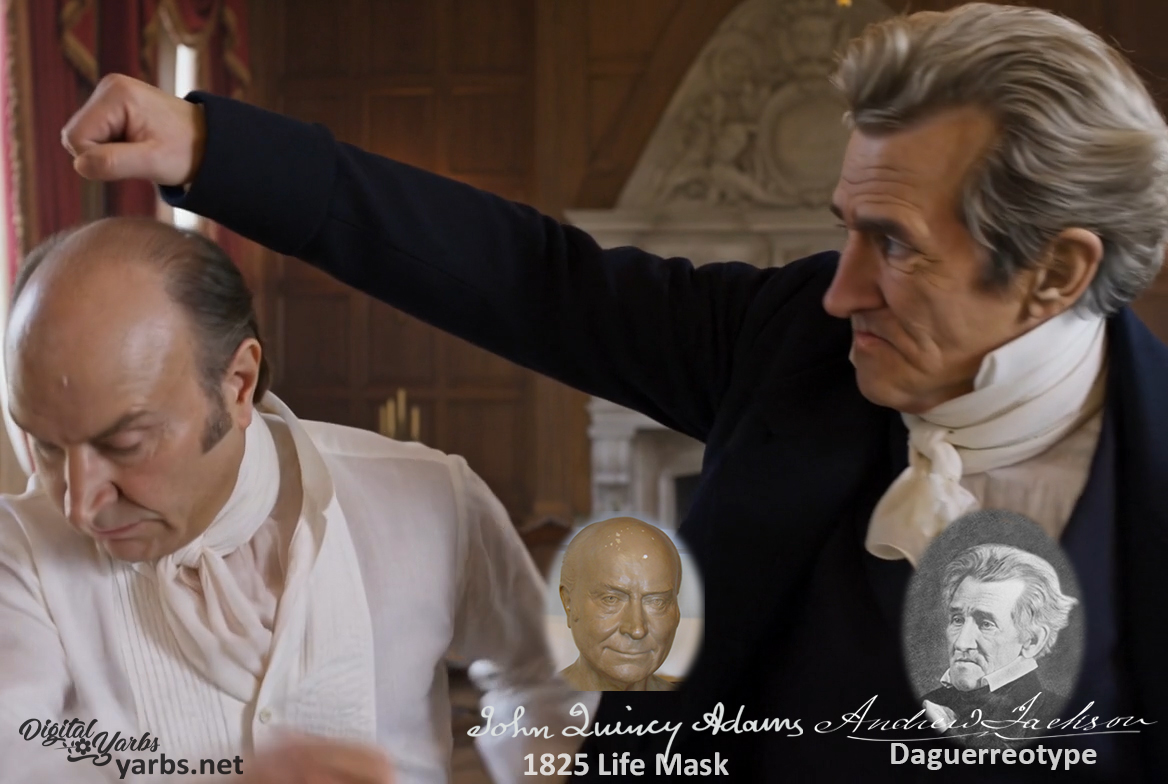 Fictional fight scene between Andrew Jackson and John Quincy Adams, featuring historically reconstructed likenesses based on Jackson's authentic daguerreotypes and Adams's 1825 life mask