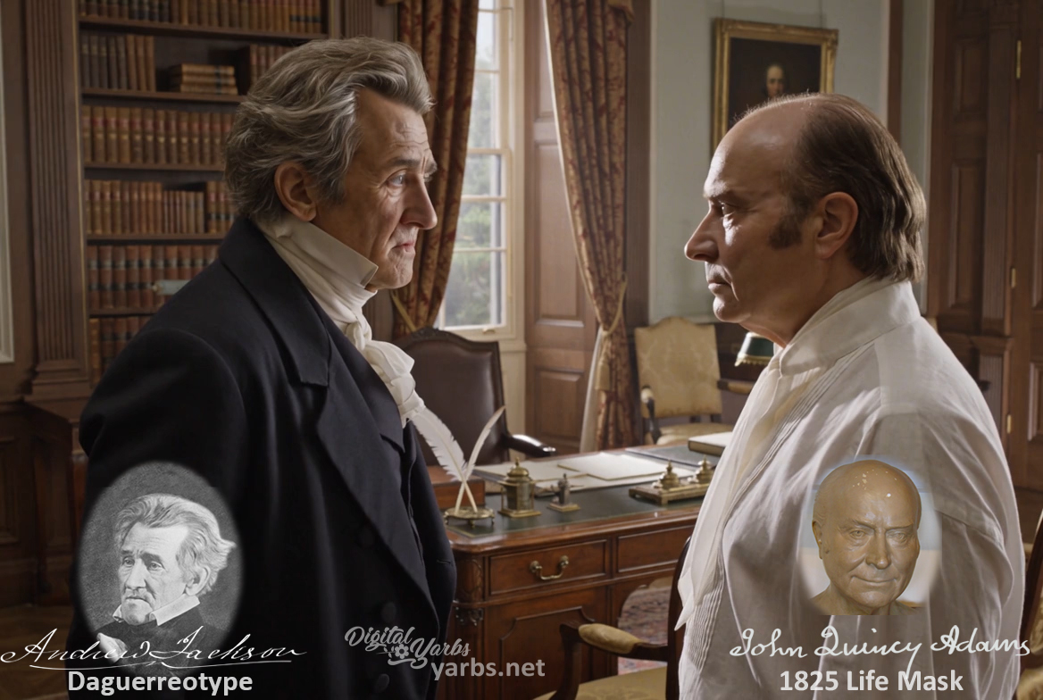 Fictional fight scene between Andrew Jackson and John Quincy Adams, featuring historically reconstructed likenesses based on Jackson's authentic daguerreotypes and Adams's 1825 life mask