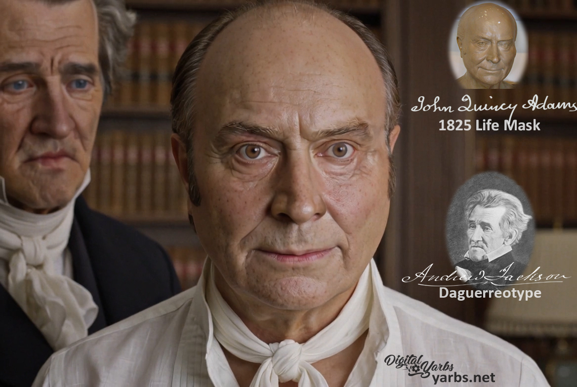 Fictional fight scene between Andrew Jackson and John Quincy Adams, featuring historically reconstructed likenesses based on Jackson's authentic daguerreotypes and Adams's 1825 life mask