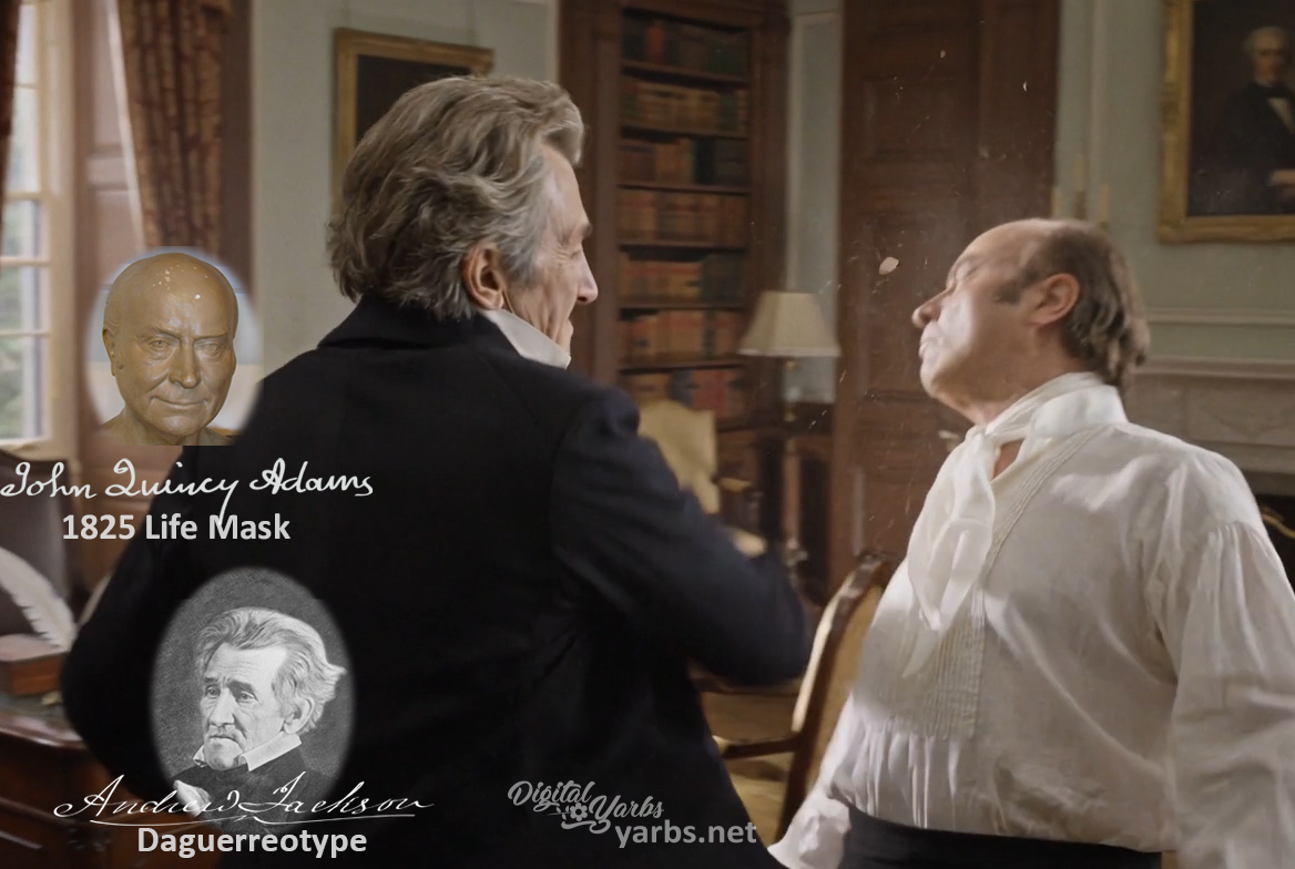 Fictional fight scene between Andrew Jackson and John Quincy Adams, featuring historically reconstructed likenesses based on Jackson's authentic daguerreotypes and Adams's 1825 life mask