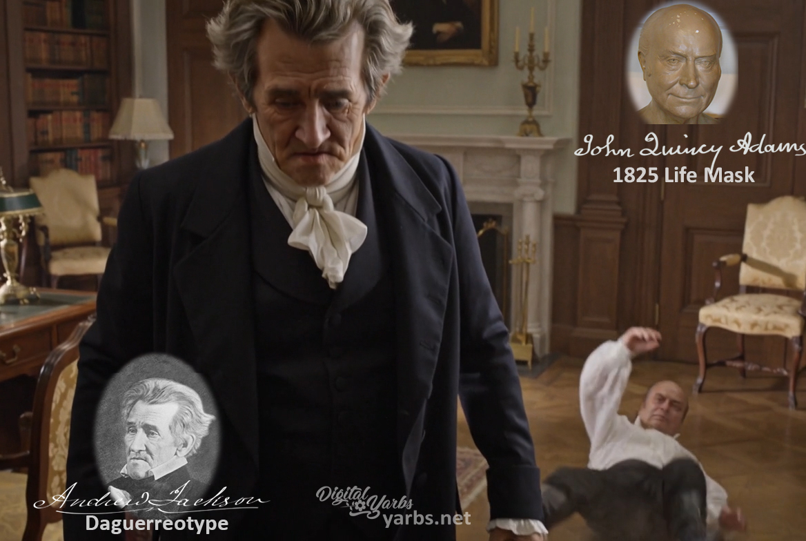 Fictional fight scene between Andrew Jackson and John Quincy Adams, featuring historically reconstructed likenesses based on Jackson's authentic daguerreotypes and Adams's 1825 life mask