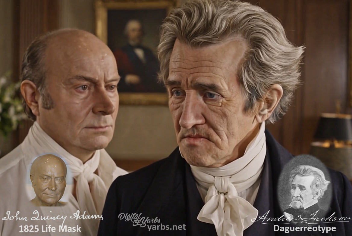 Fictional fight scene between Andrew Jackson and John Quincy Adams, featuring historically reconstructed likenesses based on Jackson's authentic daguerreotypes and Adams's 1825 life mask