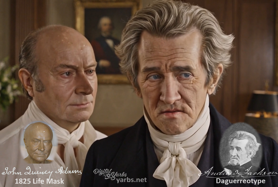 Fictional fight scene between Andrew Jackson and John Quincy Adams, featuring historically reconstructed likenesses based on Jackson's authentic daguerreotypes and Adams's 1825 life mask