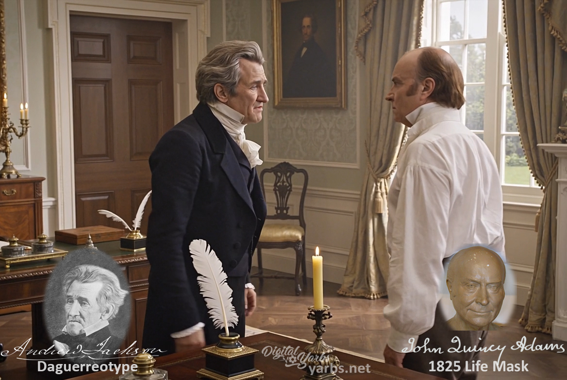 Fictional fight scene between Andrew Jackson and John Quincy Adams, featuring historically reconstructed likenesses based on Jackson's authentic daguerreotypes and Adams's 1825 life mask