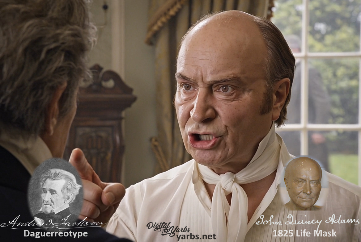 Fictional fight scene between Andrew Jackson and John Quincy Adams, featuring historically reconstructed likenesses based on Jackson's authentic daguerreotypes and Adams's 1825 life mask