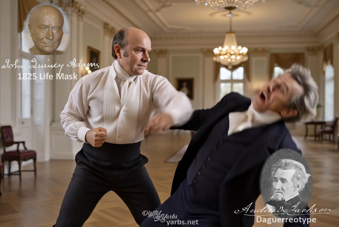 Fictional fight scene between Andrew Jackson and John Quincy Adams, featuring historically reconstructed likenesses based on Jackson's authentic daguerreotypes and Adams's 1825 life mask