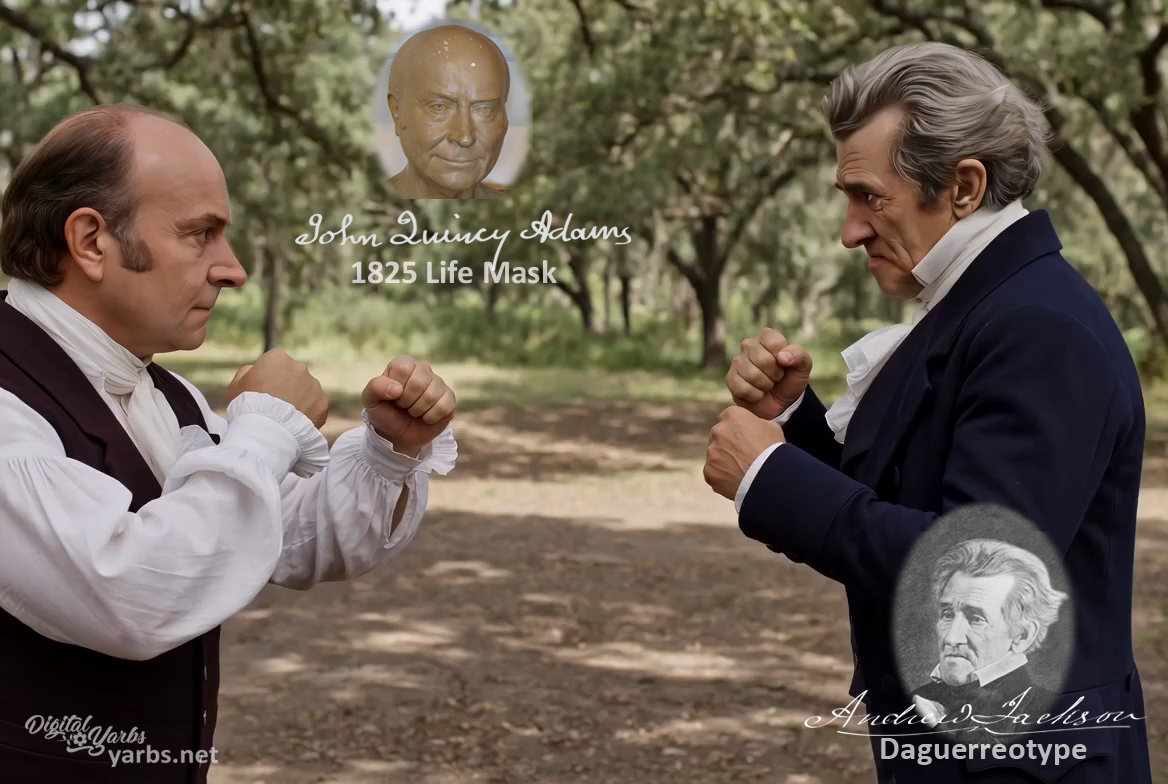Fictional fight scene between Andrew Jackson and John Quincy Adams, featuring historically reconstructed likenesses based on Jackson's authentic daguerreotypes and Adams's 1825 life mask