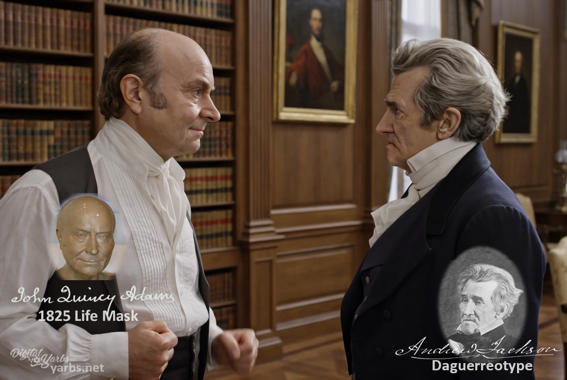 Fictional fight scene between Andrew Jackson and John Quincy Adams, featuring historically reconstructed likenesses based on Jackson's authentic daguerreotypes and Adams's 1825 life mask