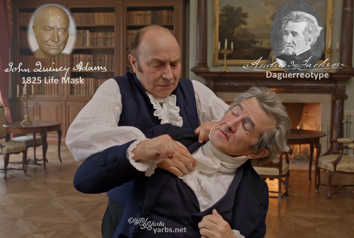 Fictional fight scene between Andrew Jackson and John Quincy Adams, featuring historically reconstructed likenesses based on Jackson's authentic daguerreotypes and Adams' 1825 life mask