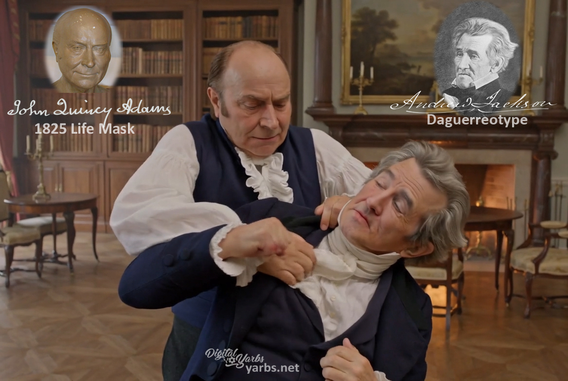 Fictional fight scene between Andrew Jackson and John Quincy Adams, featuring historically reconstructed likenesses based on Jackson's authentic daguerreotypes and Adams' 1825 life mask