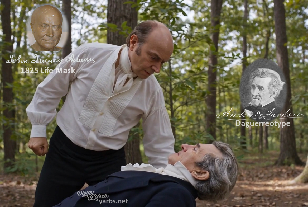 Fictional fight scene between Andrew Jackson and John Quincy Adams, featuring historically reconstructed likenesses based on Jackson's authentic daguerreotypes and Adams' 1825 life mask