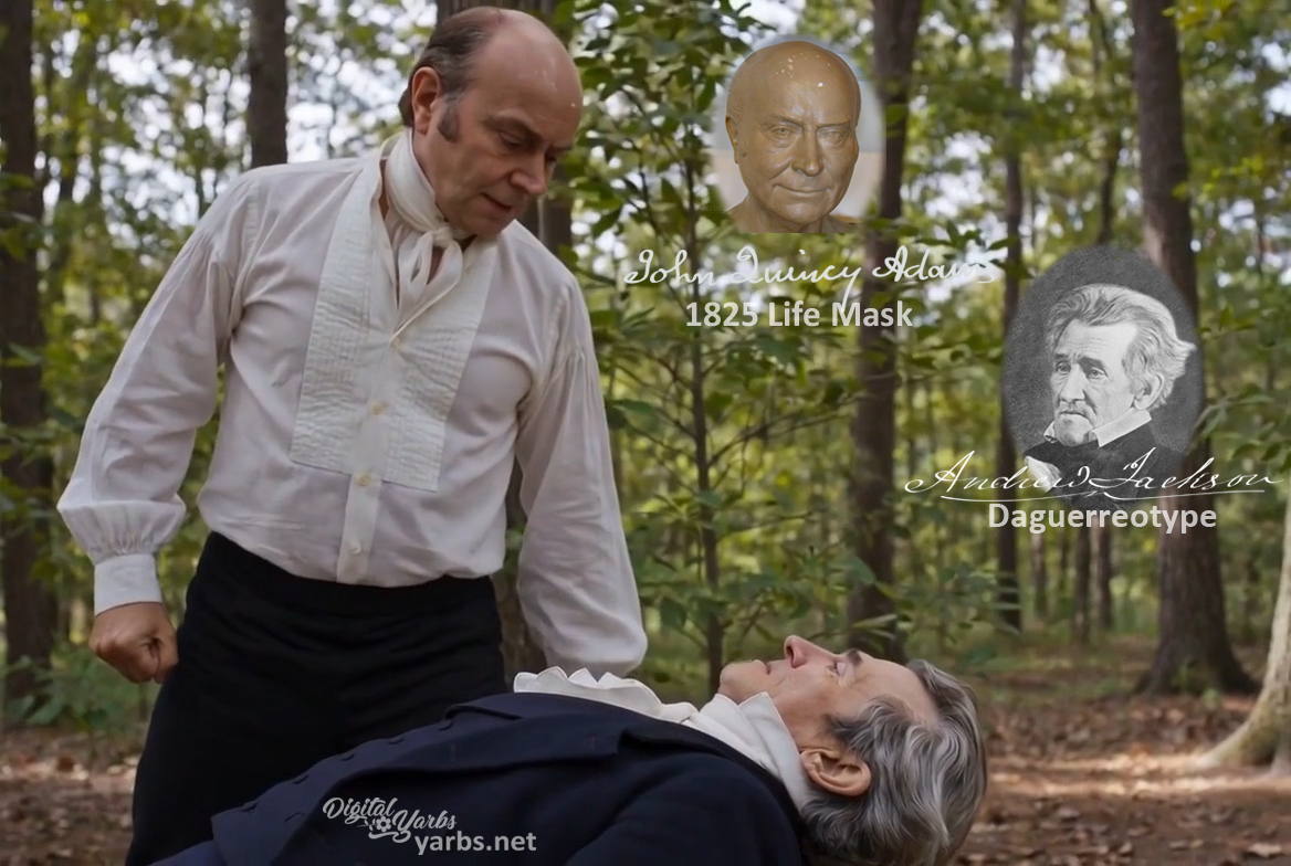 Fictional fight scene between Andrew Jackson and John Quincy Adams, featuring historically reconstructed likenesses based on Jackson's authentic daguerreotypes and Adams' 1825 life mask