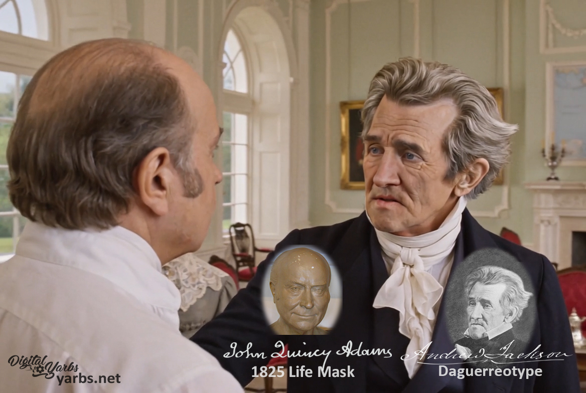 Fictional fight scene between Andrew Jackson and John Quincy Adams, featuring historically reconstructed likenesses based on Jackson's authentic daguerreotypes and Adams' 1825 life mask