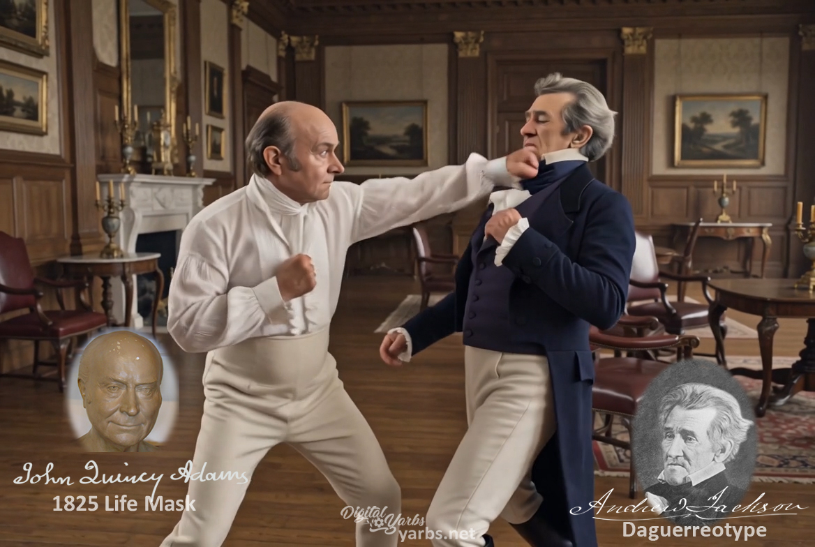 Fictional fight scene between Andrew Jackson and John Quincy Adams, featuring historically reconstructed likenesses based on Jackson's authentic daguerreotypes and Adams' 1825 life mask