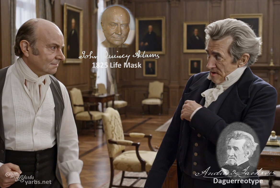 Fictional fight scene between Andrew Jackson and John Quincy Adams, featuring historically reconstructed likenesses based on Jackson's authentic daguerreotypes and Adams's 1825 life mask