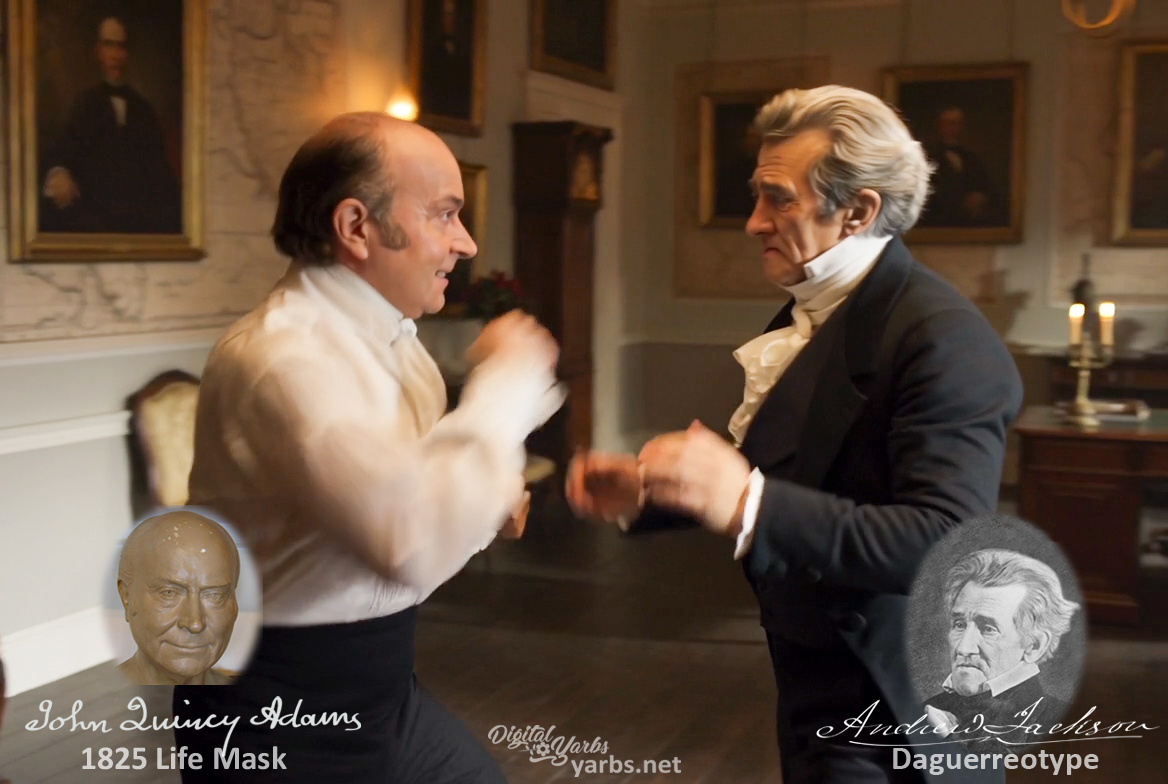 Fictional fight scene between Andrew Jackson and John Quincy Adams, featuring historically reconstructed likenesses based on Jackson's authentic daguerreotypes and Adams' 1825 life mask