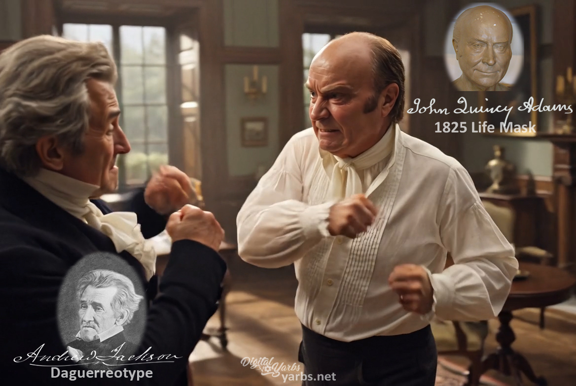 Fictional fight scene between Andrew Jackson and John Quincy Adams, featuring historically reconstructed likenesses based on Jackson's authentic daguerreotypes and Adams' 1825 life mask