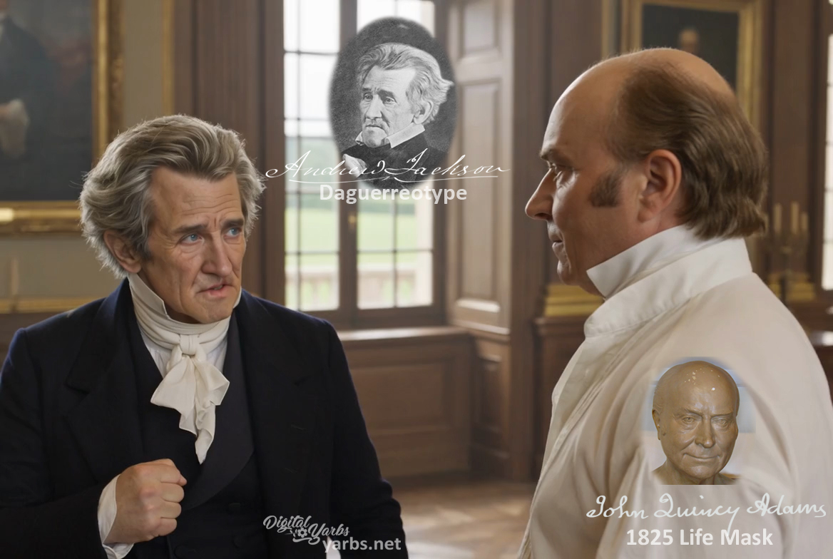 Fictional fight scene between Andrew Jackson and John Quincy Adams, featuring historically reconstructed likenesses based on Jackson's authentic daguerreotypes and Adams' 1825 life mask