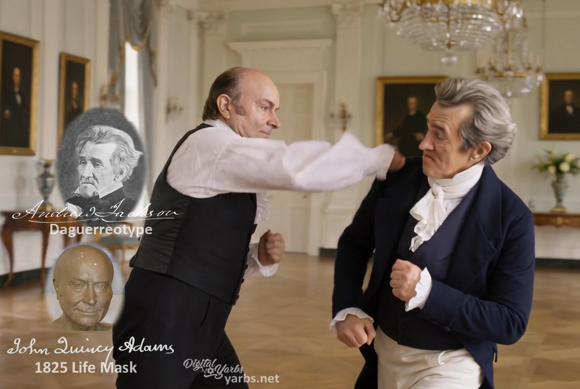 Fictional fight scene between Andrew Jackson and John Quincy Adams, featuring historically reconstructed likenesses based on Jackson's authentic daguerreotypes and Adams' 1825 life mask