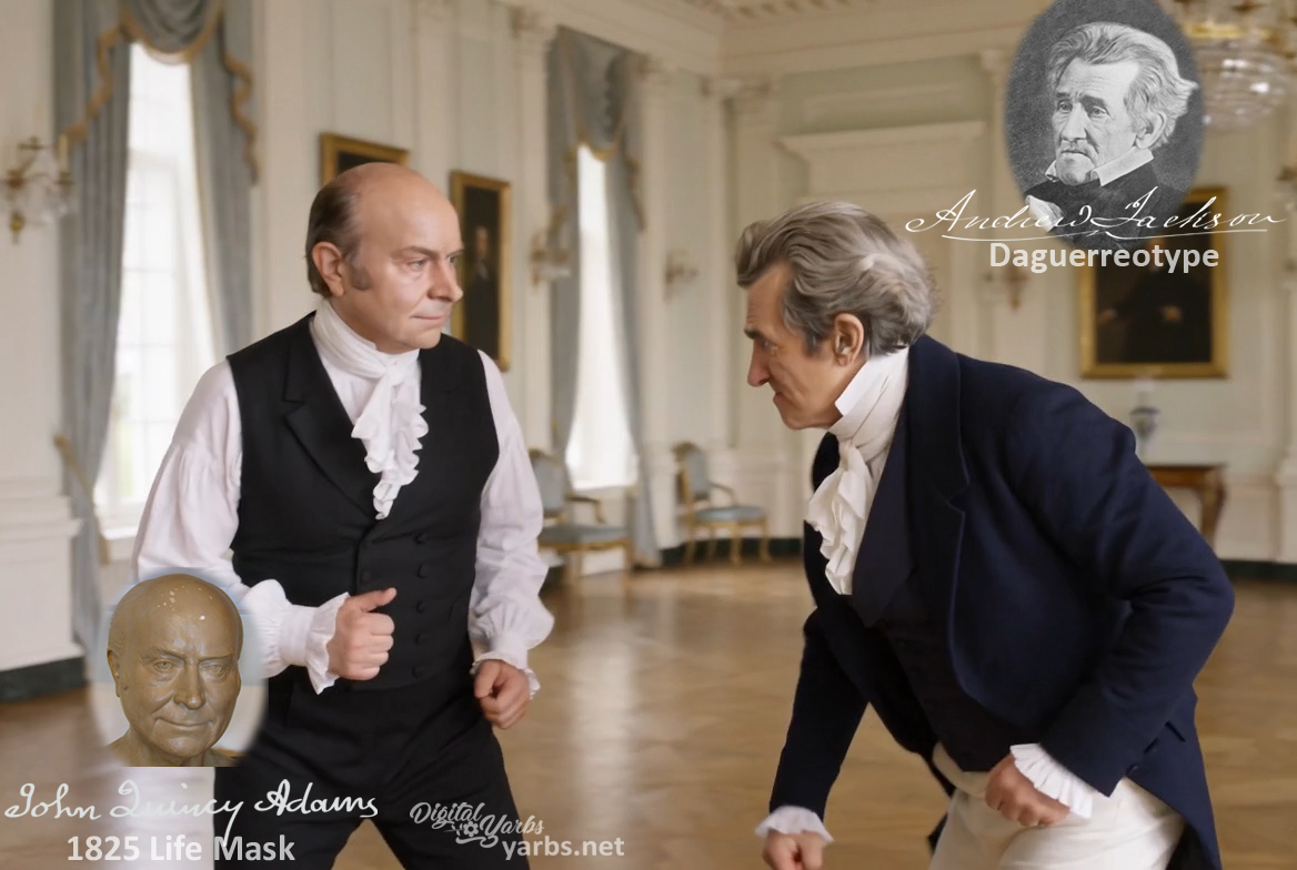 Fictional fight scene between Andrew Jackson and John Quincy Adams, featuring historically reconstructed likenesses based on Jackson's authentic daguerreotypes and Adams' 1825 life mask