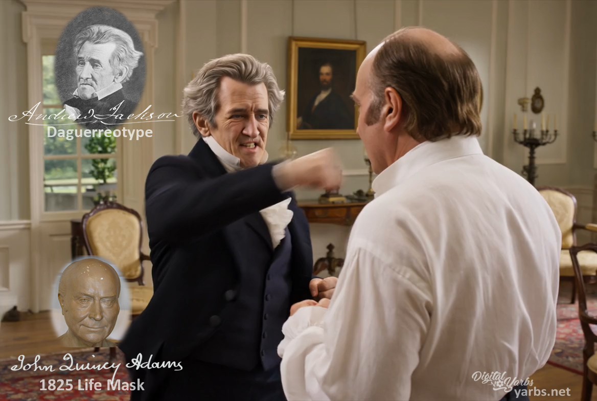 Fictional fight scene between Andrew Jackson and John Quincy Adams, featuring historically reconstructed likenesses based on Jackson's authentic daguerreotypes and Adams' 1825 life mask