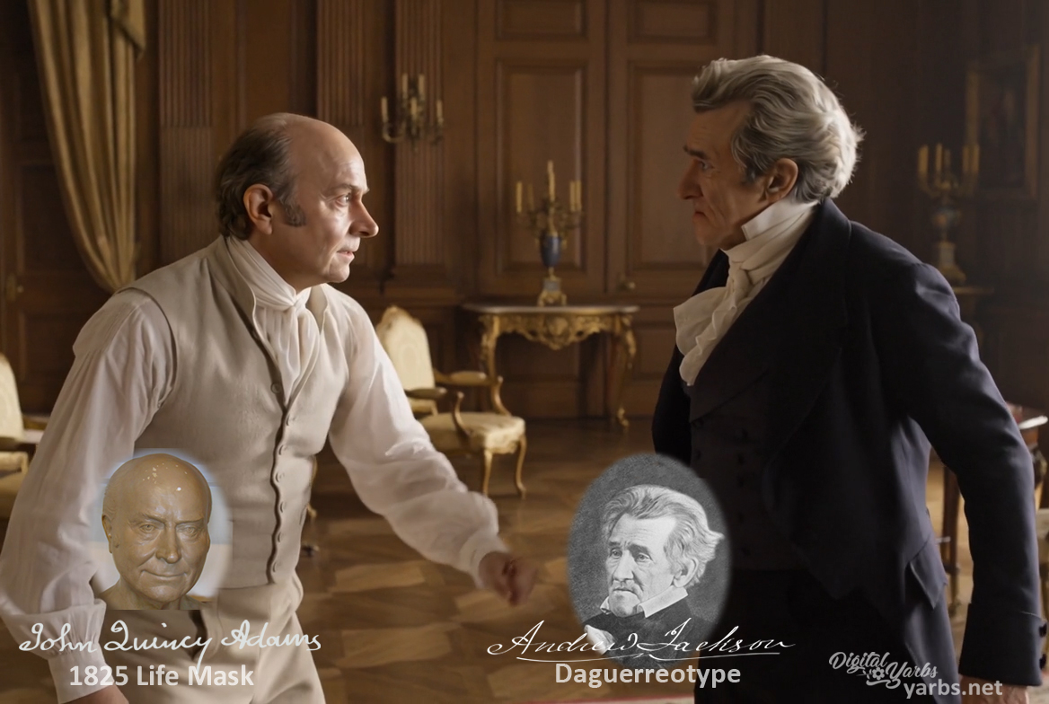 Fictional fight scene between Andrew Jackson and John Quincy Adams, featuring historically reconstructed likenesses based on Jackson's authentic daguerreotypes and Adams' 1825 life mask