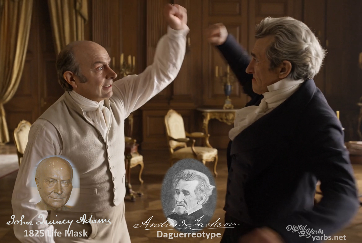 Fictional fight scene between Andrew Jackson and John Quincy Adams, featuring historically reconstructed likenesses based on Jackson's authentic daguerreotypes and Adams' 1825 life mask