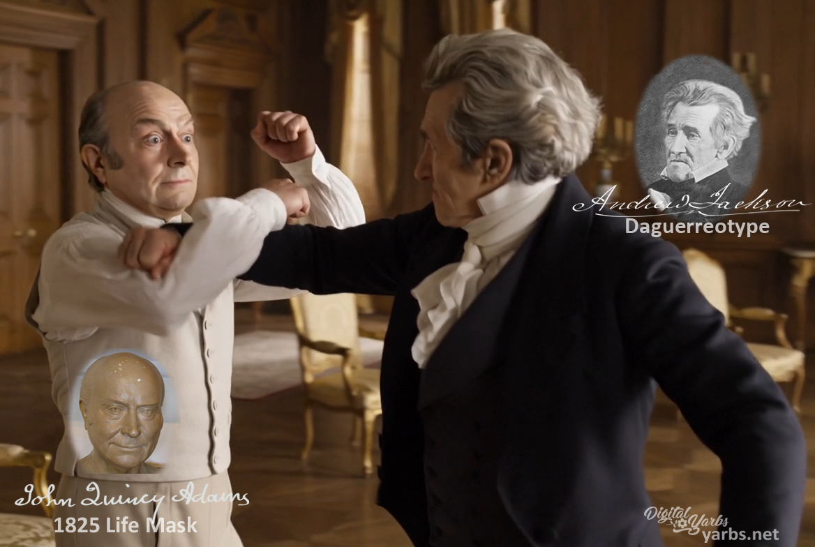 Fictional fight scene between Andrew Jackson and John Quincy Adams, featuring historically reconstructed likenesses based on Jackson's authentic daguerreotypes and Adams' 1825 life mask