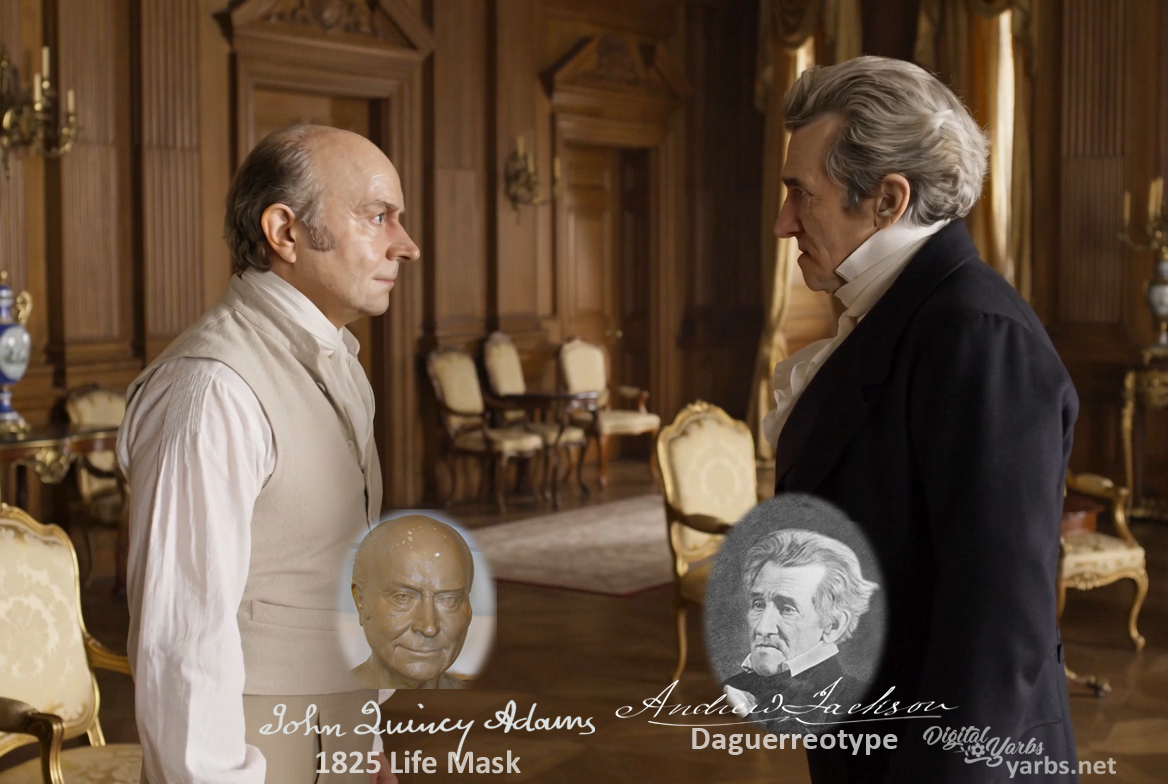 Fictional fight scene between Andrew Jackson and John Quincy Adams, featuring historically reconstructed likenesses based on Jackson's authentic daguerreotypes and Adams' 1825 life mask